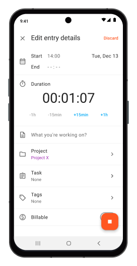 Android time tracking app screenshot of editing details