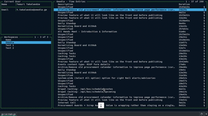 Captura de tela do terminal do aplicativo de rastreamento de tempo para Linux
