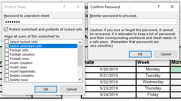 adding a password to protect sheet
