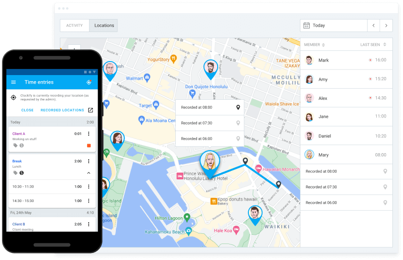 Función de rastreo GPS en Clockify (captura de pantalla) - Varios usuarios distribuidos por el mapa
