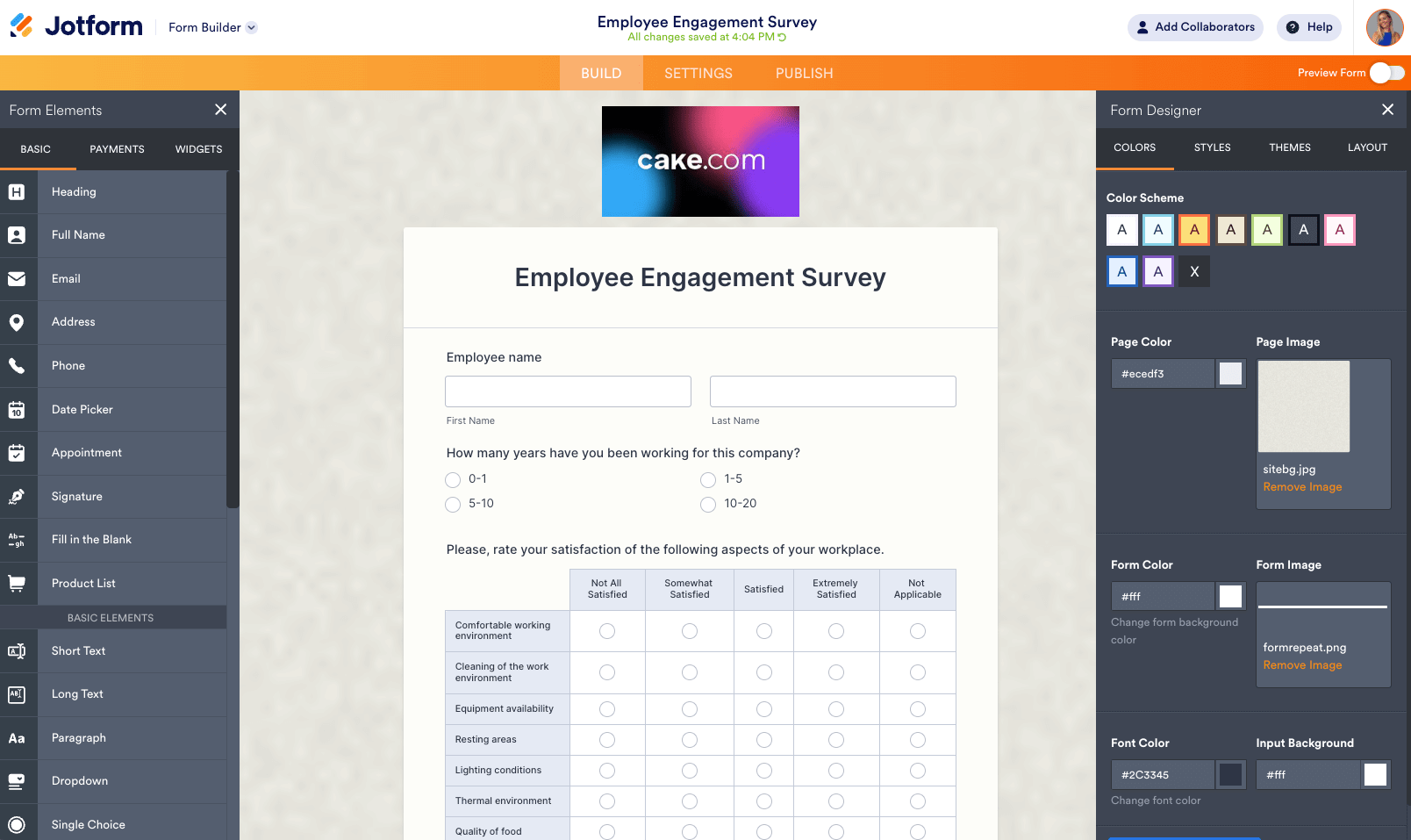 Jotform software - employee engagement survey