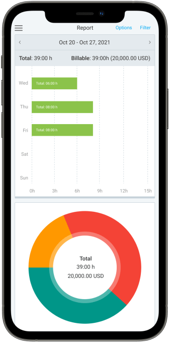 App de control del tiempo para iPhone: captura de pantalla del informe