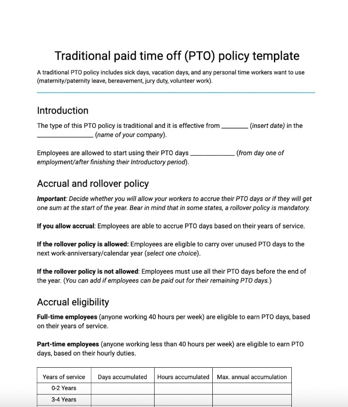 Traditional PTO policy template