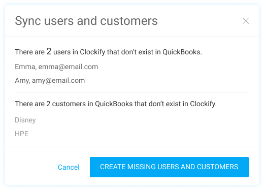 Sincronize usuários e clientes entre Clockify e QuickBooks