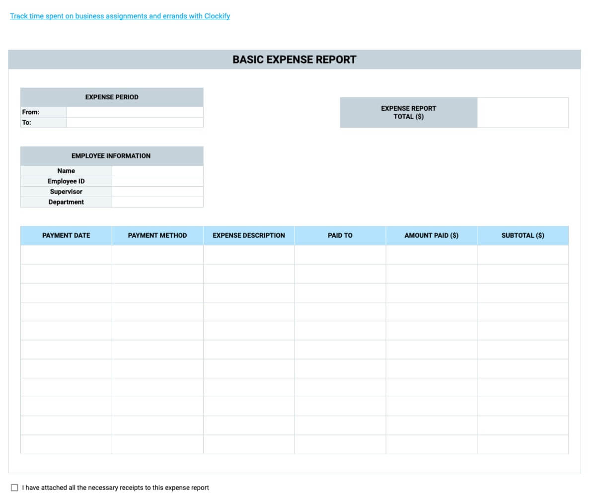Preview of the Basic Expense Report Template