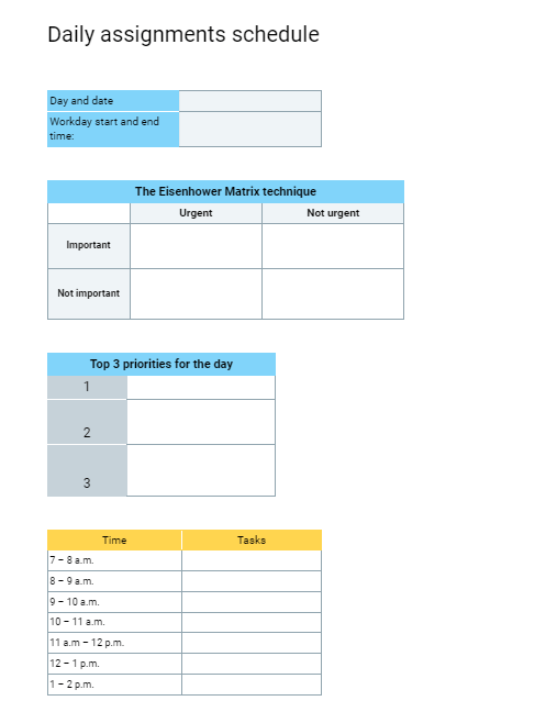 Daily Assignments Schedule Template