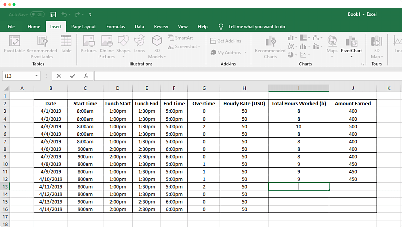 Filled out Excel Timesheet
