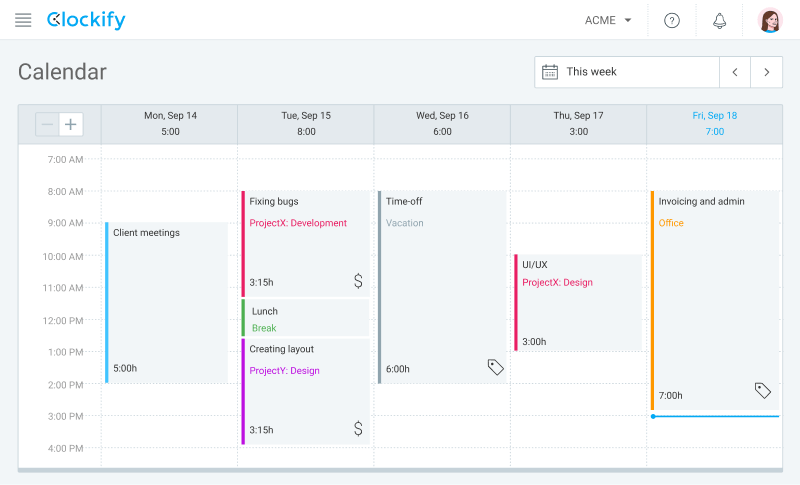 visualização do calendário no clockify das entradas de tempo
