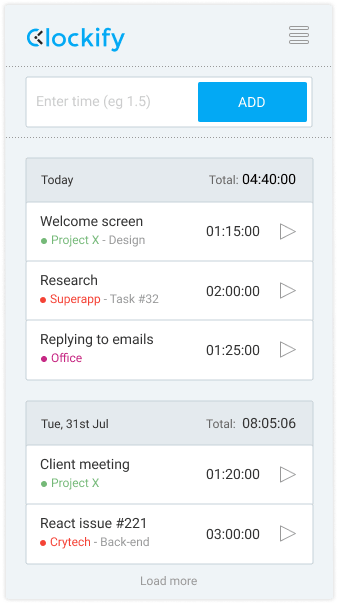 Zeiterfassung-App für Linux Screenshot der manuellen Hinzufügung von Zeit