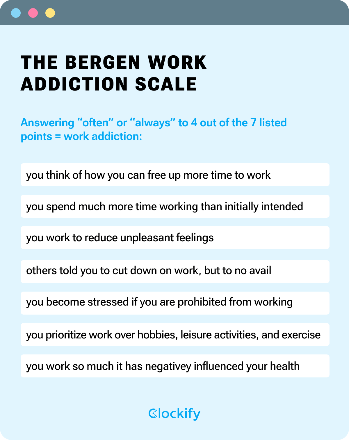 The Bergan work-addiction scale - infographic