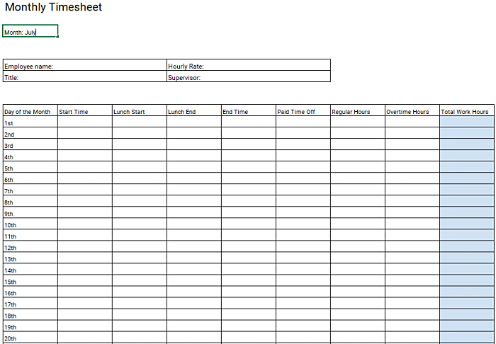 Monthly timesheet template for performance review