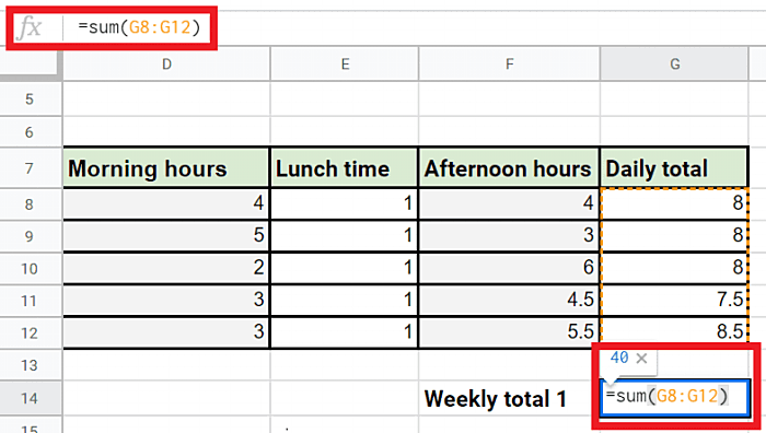 weekly total formula in Excel