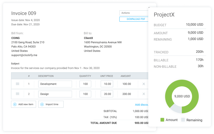 Project status lets you compare estimated vs tracked time and track budget