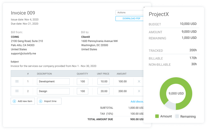 O status do projeto permite comparar o tempo estimado versus o tempo rastreado e acompanhar o orçamento