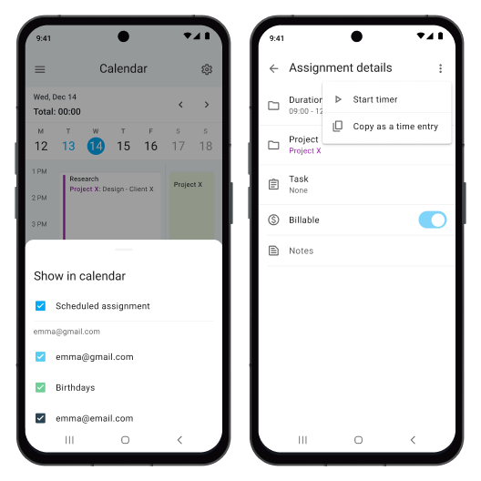 Android time tracking app screenshot of calendar
