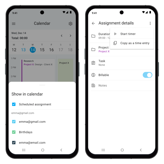 Control del tiempo para Android: captura de pantalla de calendario