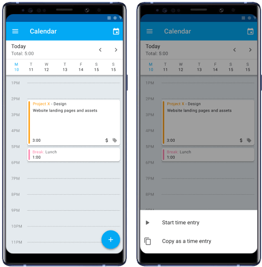 Android time tracking app screenshot of calendar
