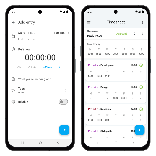 Aplicación de planilla horaria para móvil para iOS y Android, captura de pantalla