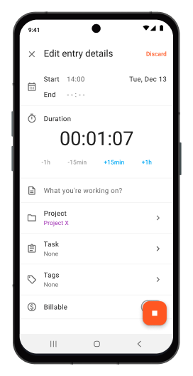 Capture d'écran de l'appli Android de suivi du temps pour l'édition des détails