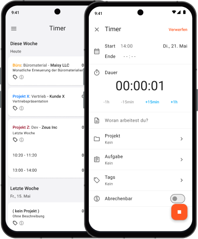Screenshot des Timers in der GPS-Zeiterfassung-App für Android