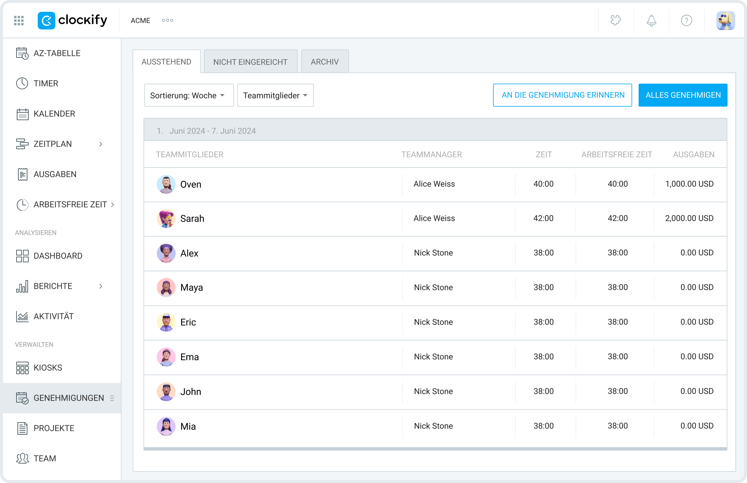 Timesheet approval in Clockify