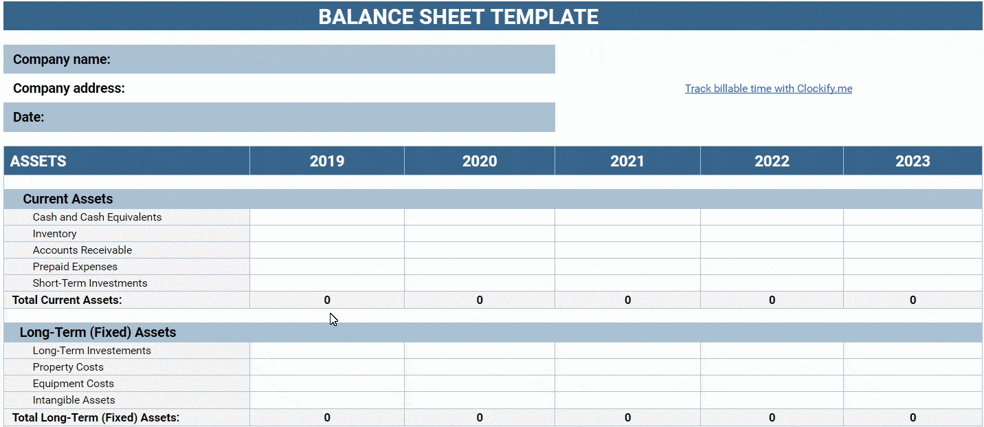 Balance Sheet Template - Clockify Pertaining To Business Balance Sheet Template Excel