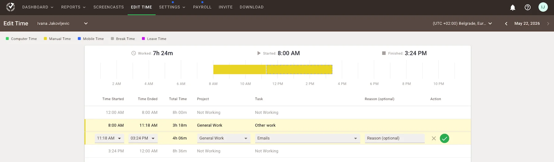time doctor option to edit time
