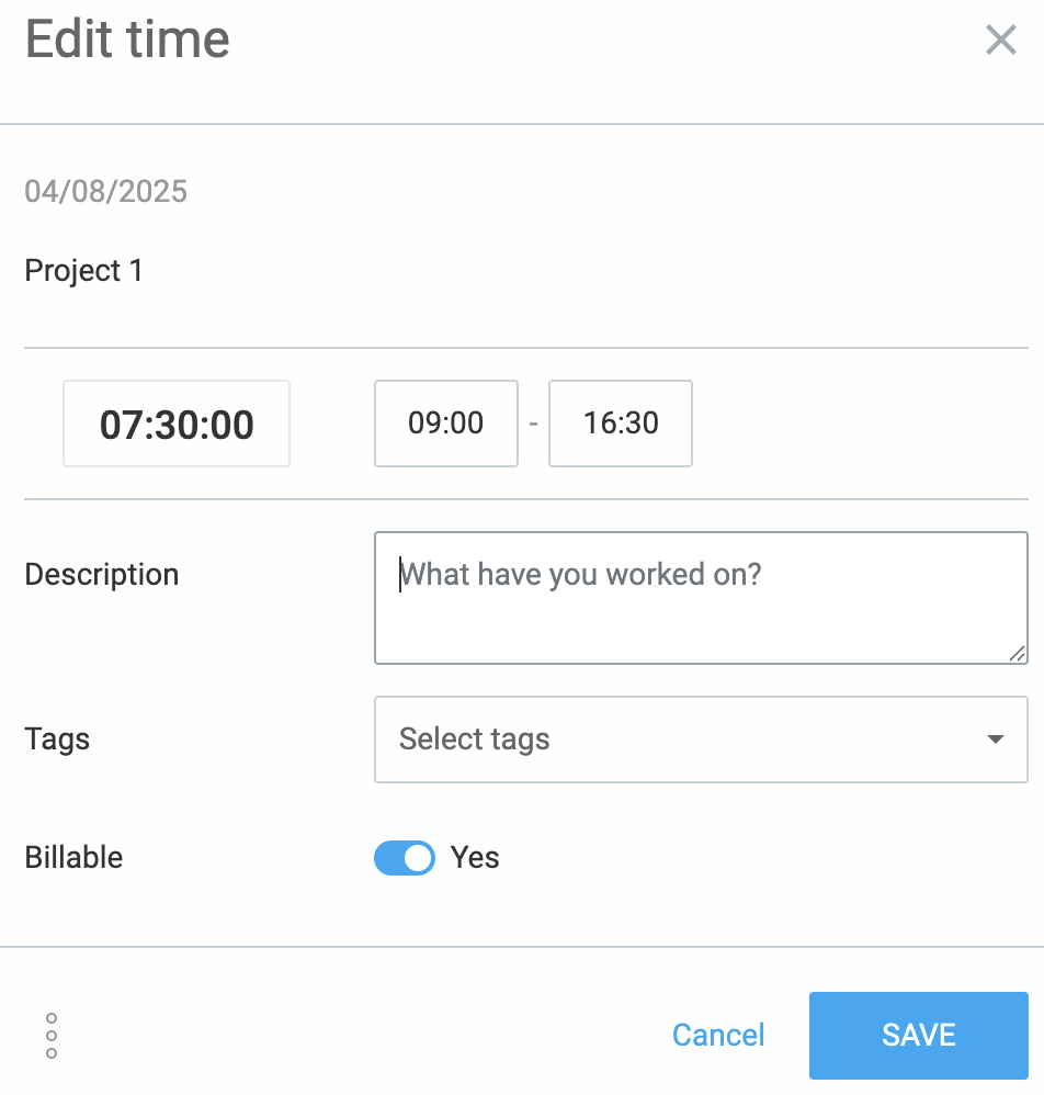 Clockify edit time entry option