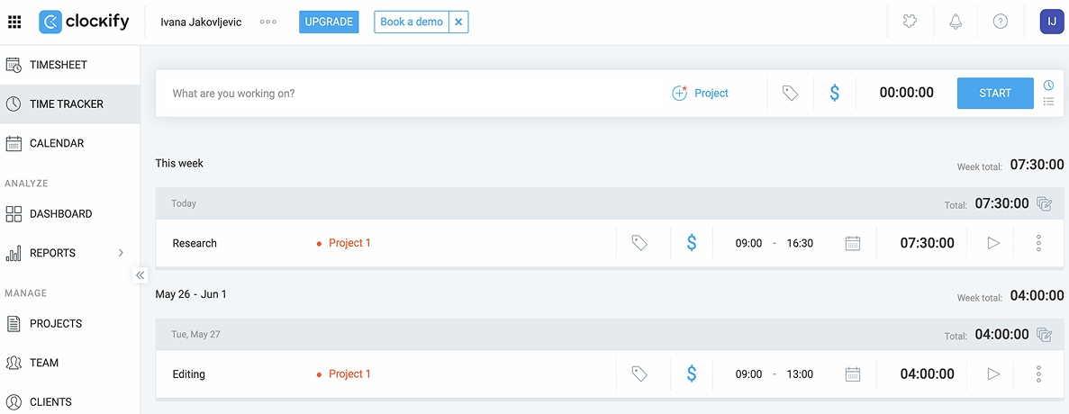 Clockify time tracking app