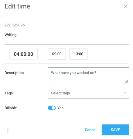 Clockify edit time entry option