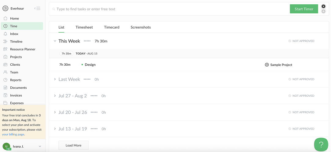 everhour time tracking app
