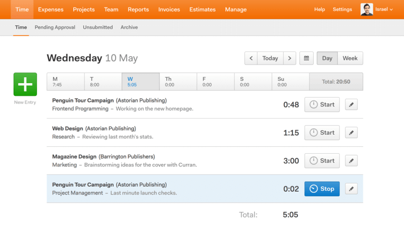Best time tracking apps Harvest screenshot