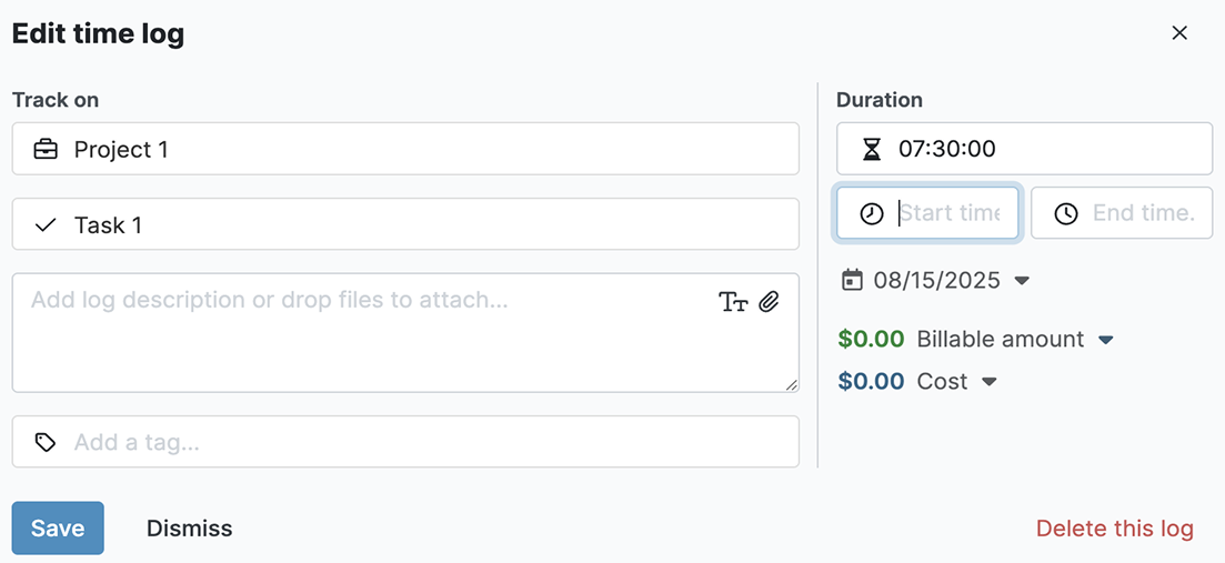 my hours option to edit time log