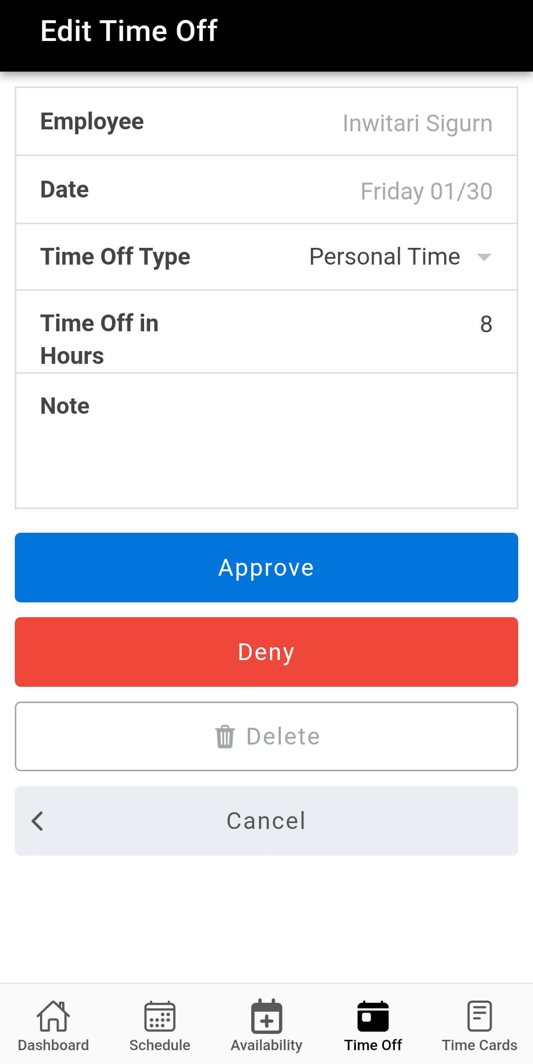 Approve or deny time off request in the Buddy Punch app