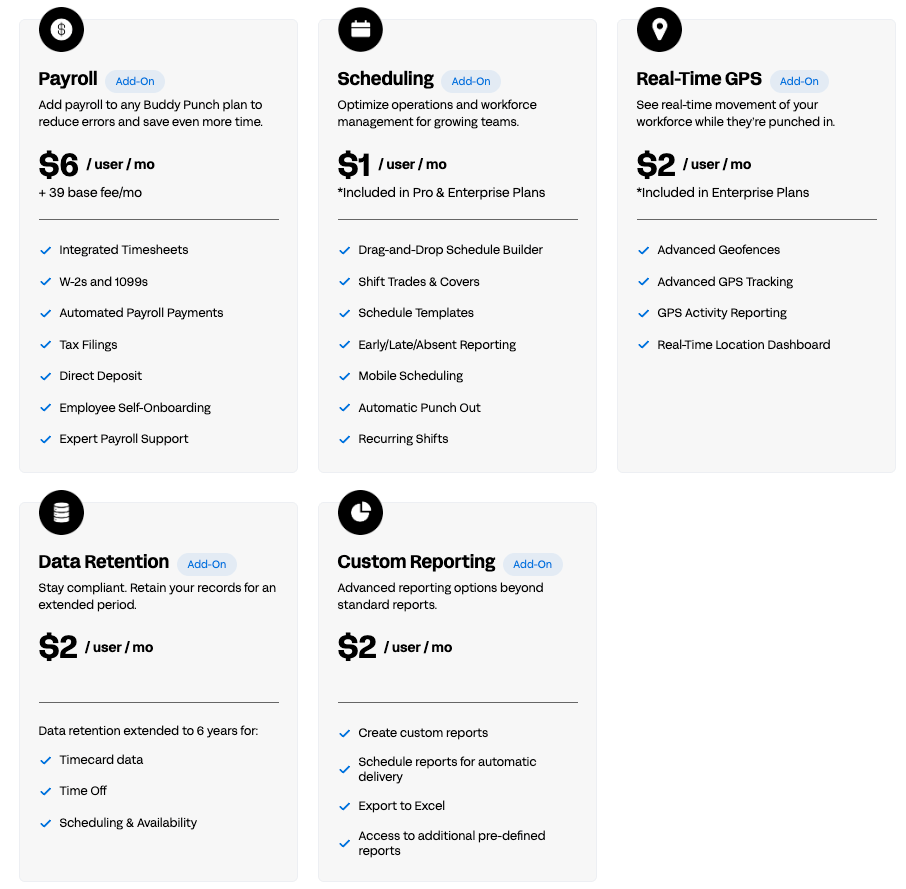 Buddy Punch add-on pricing