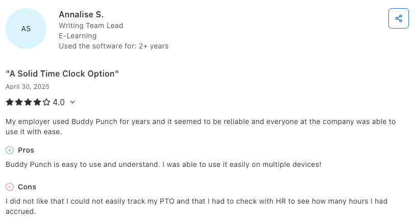 Buddy Punch user review on Capterra
