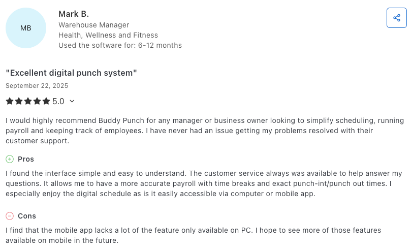 Buddy Punch user review on Capterra