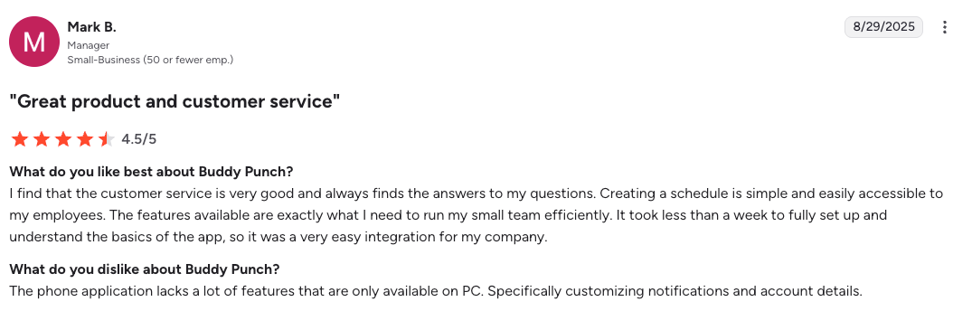 Buddy Punch user review on G2