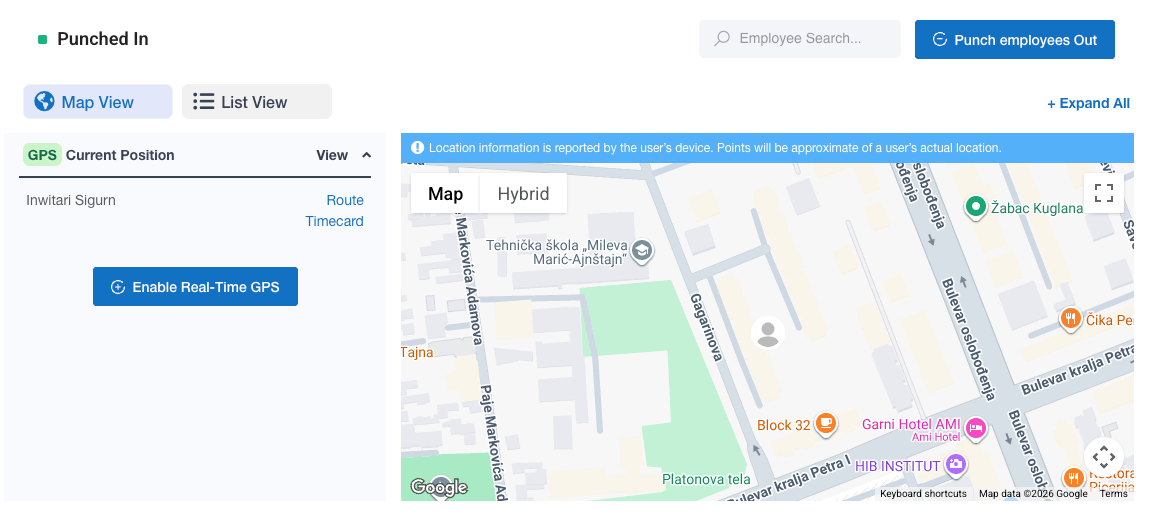 Current position (map view) in Buddy Punch