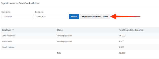 Export hours from Buddy Punch to QuickBooks Online