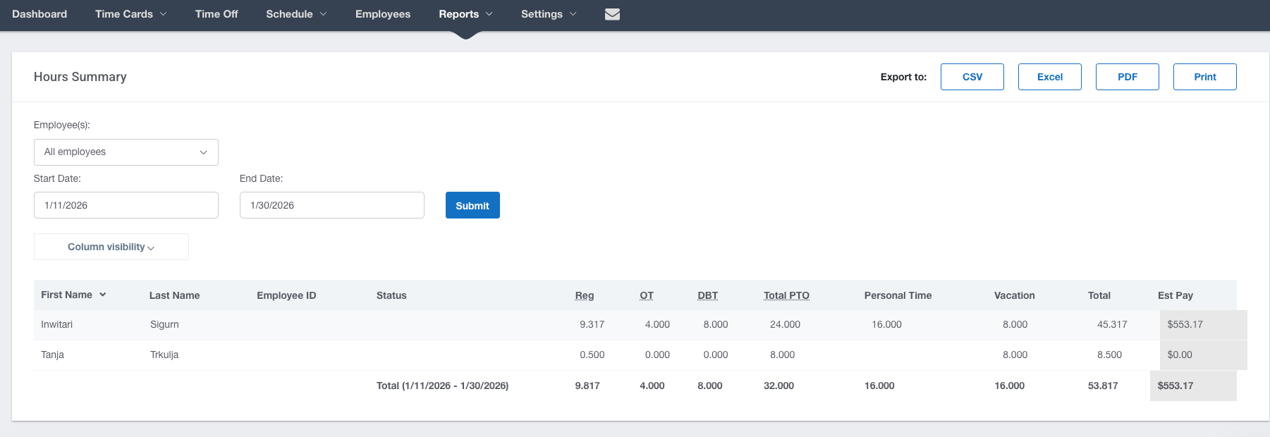 Hours summary report in Buddy Punch