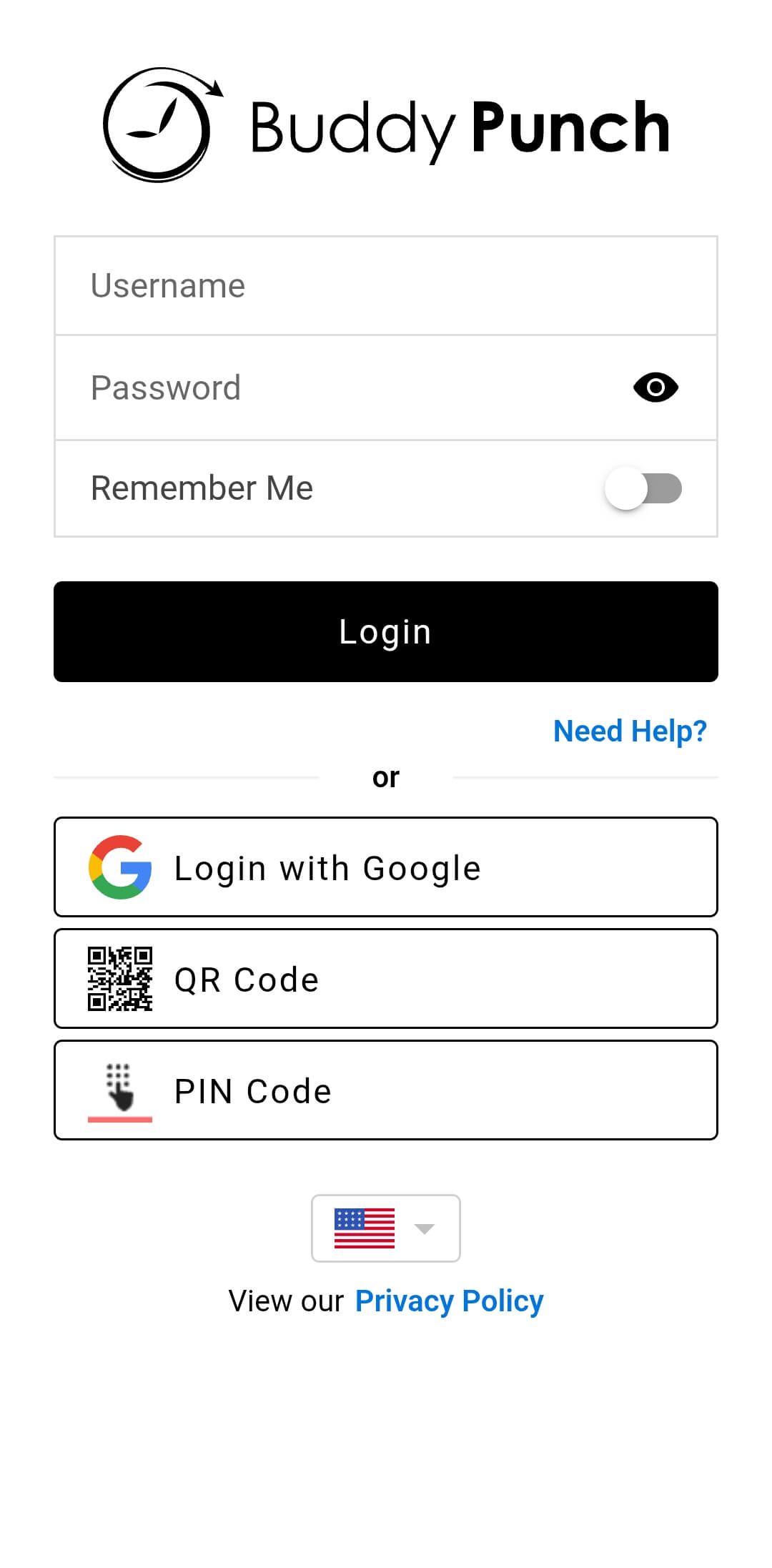 Login screen in the Buddy Punch app