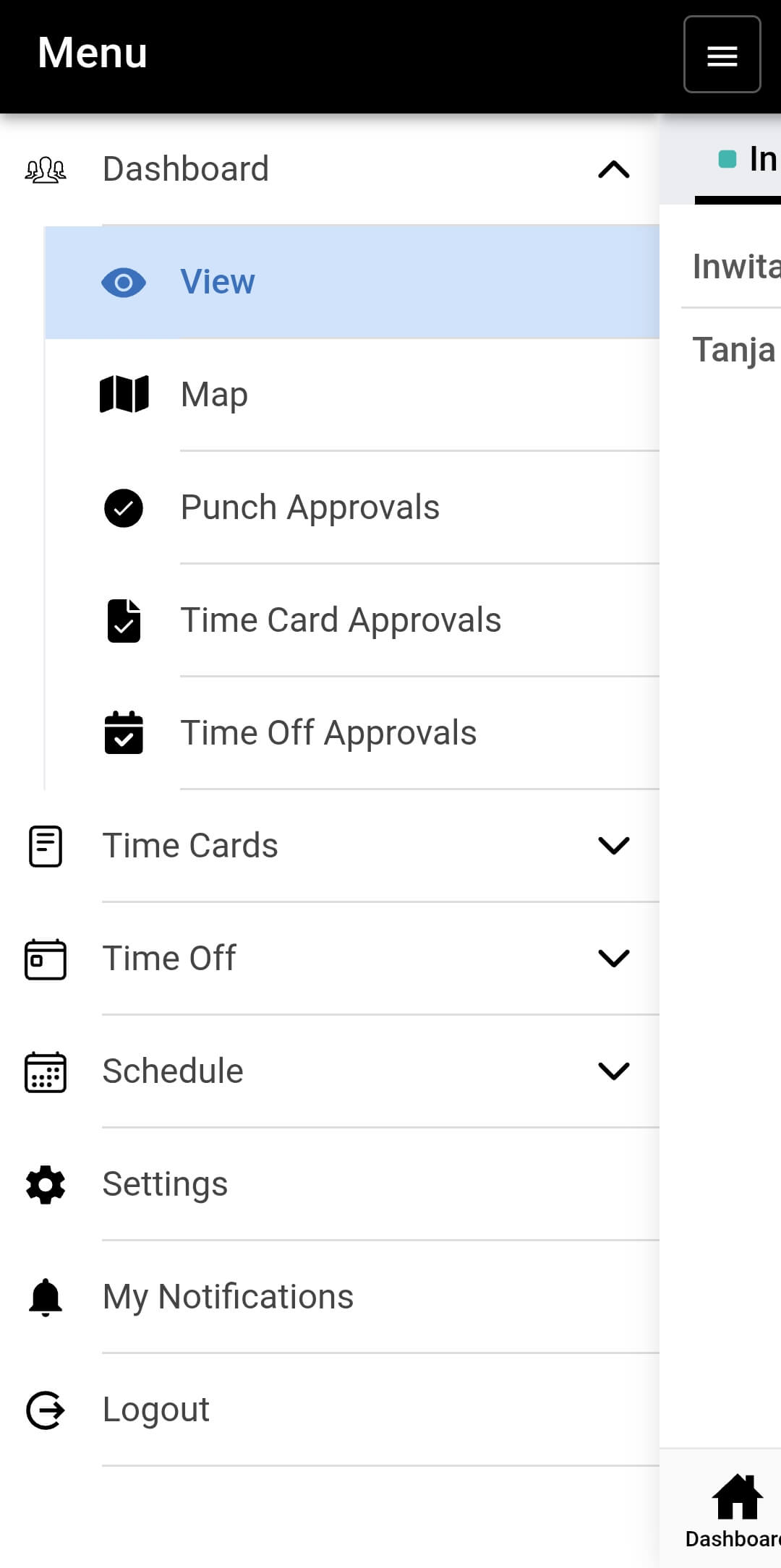 Menu for managers in the Buddy Punch app