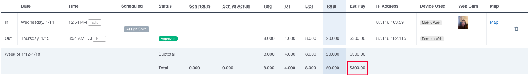 Time card pay calculation in Buddy Punch with the California Overtime rule