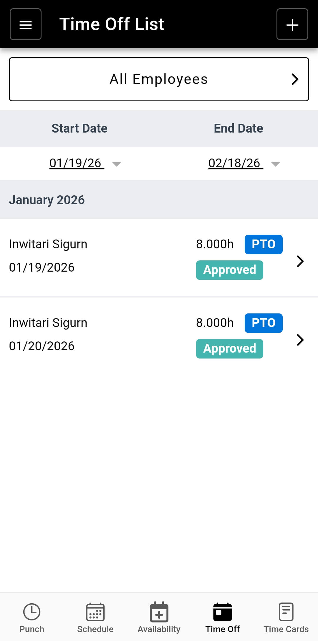 Time off list in the Buddy Punch app