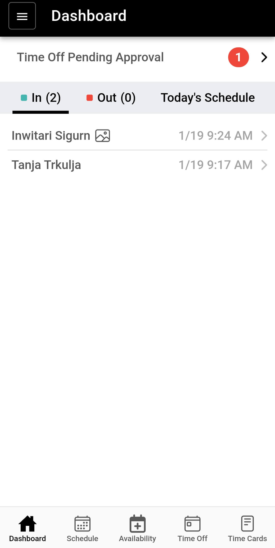 Time off pending approval dashboard alert in the Buddy Punch app
