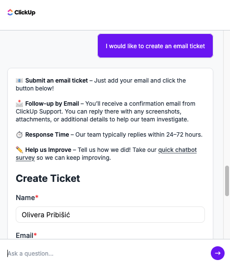 ClickUp email ticket