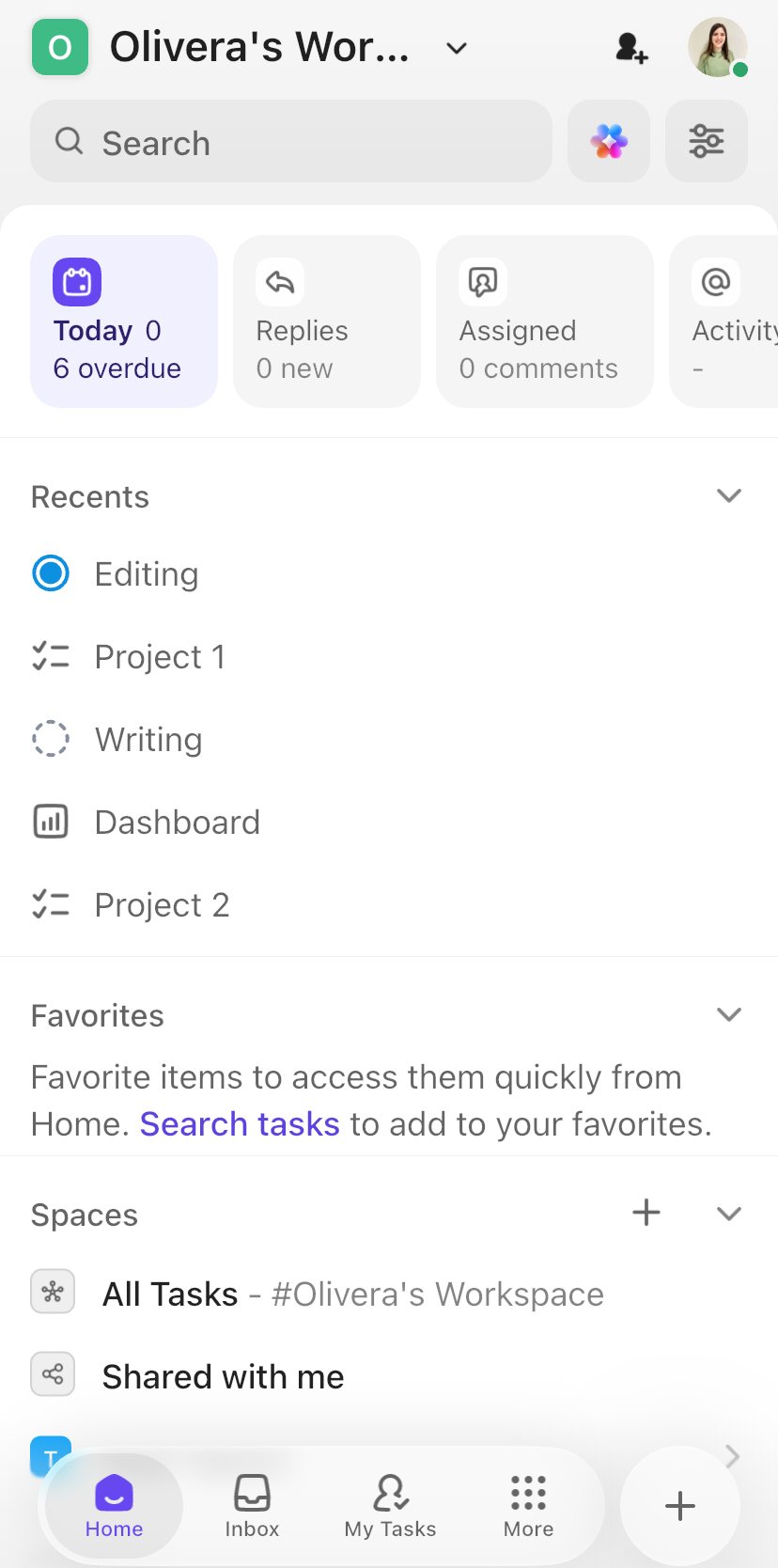 ClickUp mobile app homepage