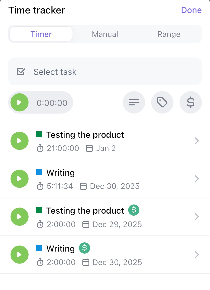 ClickUp mobile app time tracker
