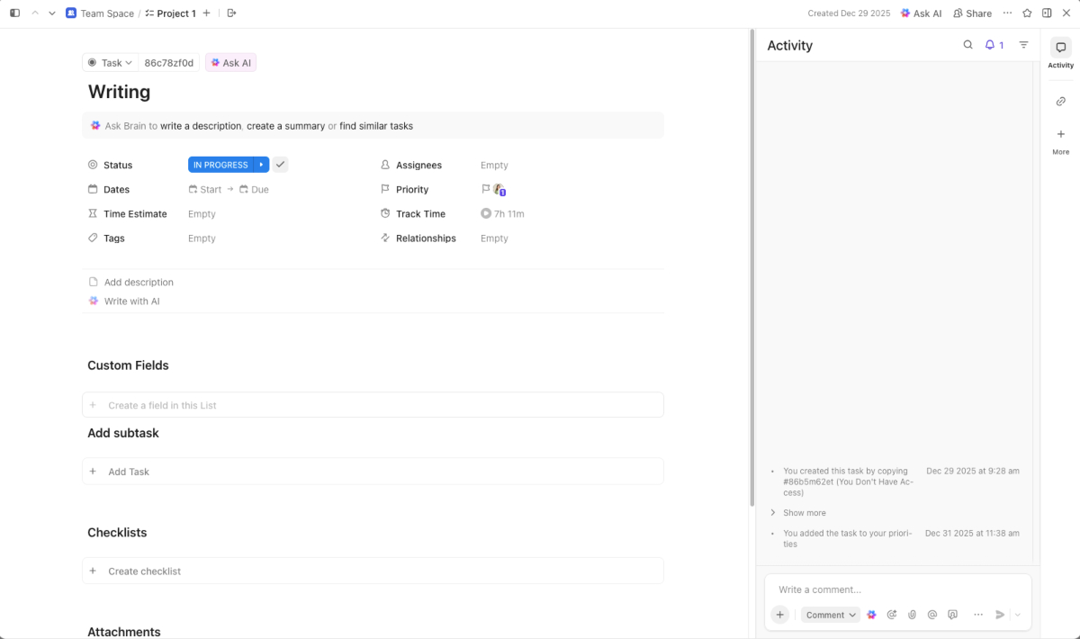 Creating a task in ClickUp